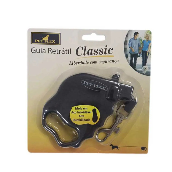 Guia Retrátil Classic Preta Pet Flex até 5kg - 2m