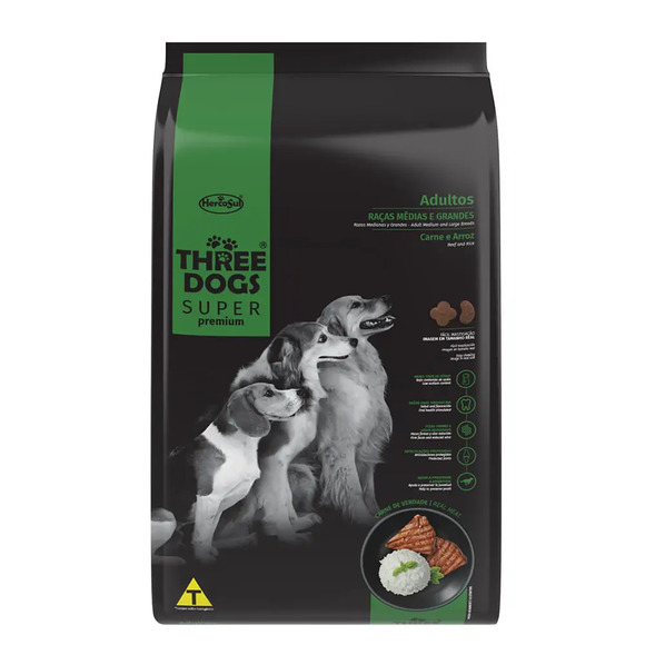 Ração Three Dogs Adultos Médios e Grandes Carne e Arroz 10,1 kg