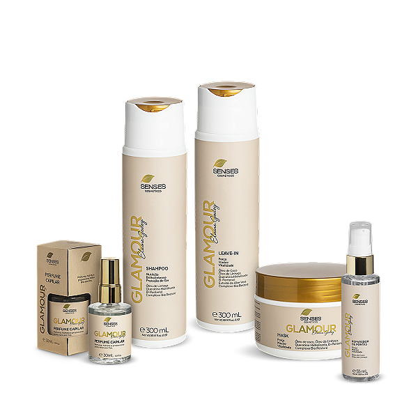 Kit Glamour Home Care Completo (Shampoo + Máscara + Leave-in + Perfume + Serum)