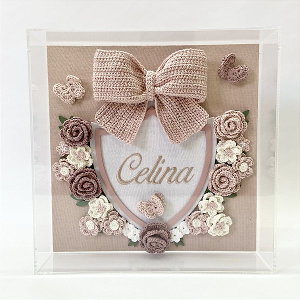 Porta maternidade feminino 3D com laço e flores em acrílico