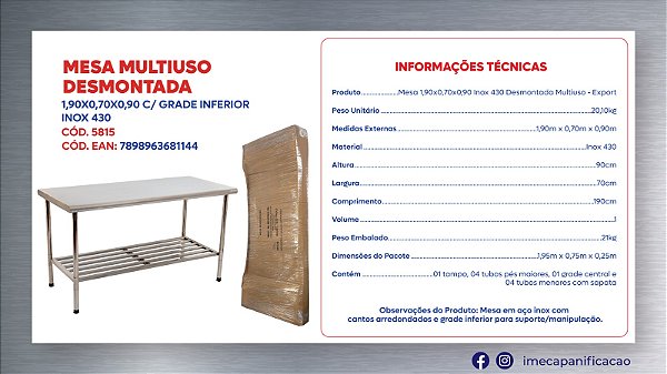 Mesa Industrial Multiuso 190x70 Toda Inox Com Grade Imeca 5815