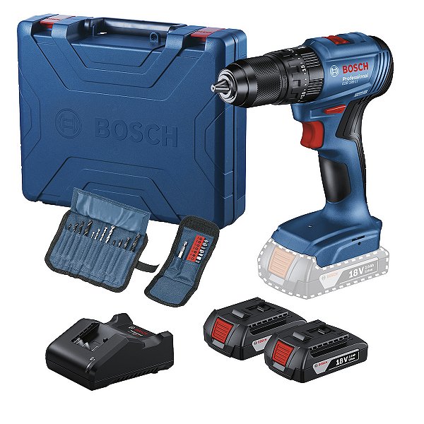 FURADEIRA E PARAFUSADEIRA DE IMPACTO GSB 185-LI 18V COM 2 BAT, CARREGADOR, MALETA E 23 ACESSÓRIOS 06019K31E7-000 - BOSCH