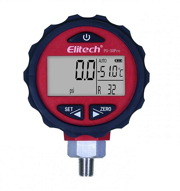 MANÔMETRO DIGITAL COMPATÍVEL COM 87 TIPOS DE GASES REFRIGERANTES, PG-30 PRO RED 800 PSI DISPLAY LCD 6017 - ELITECH