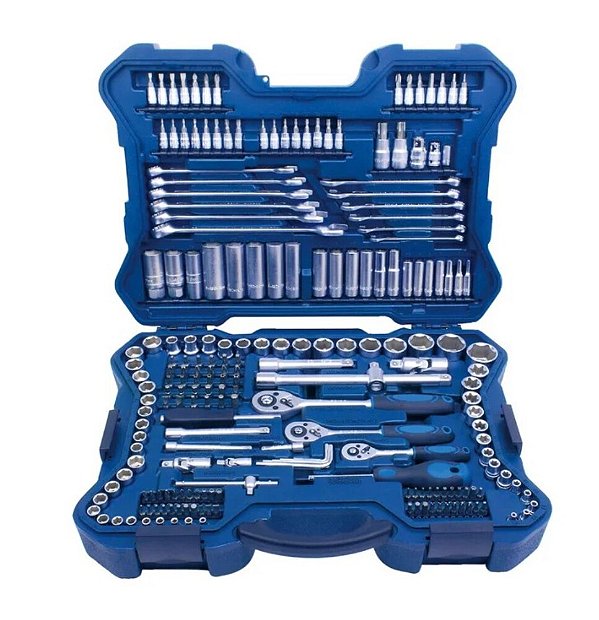 JOGO DE SOQUETES 214 PEÇAS EM AÇO CROMO VANÁDIO 1/4" 3/8" 1/2" USO PROFISSIONAL R010127 BOVENAU - RIOSUL TOOLS