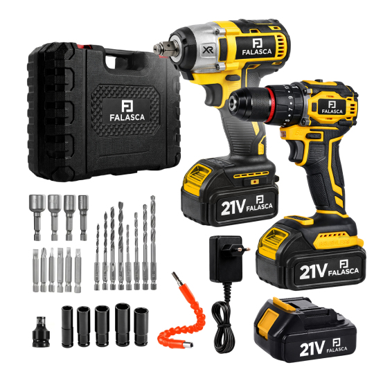 CONJUNTO FURADEIRA DE IMPACTO 100NM 13MM + CHAVE DE IMPACTO 350NM 1/2" A BATERIA 21V FID/IW21B2 F09 5167 - FALASCA