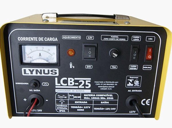CARREGADOR DE BATERIA AUTOMOTIVO PORTÁTIL LCB-25  220V  COM PROTEÇÃO CONTRA SUPERAQUECIMENTO 00005389.2 -  LYNUS