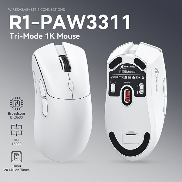 ATTACK SHARK R1 - Mouse gamer com tripla conexão