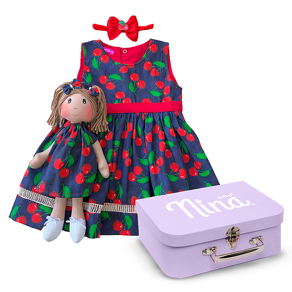 Kit Boneca + Vestido + Maletinha - Cereja