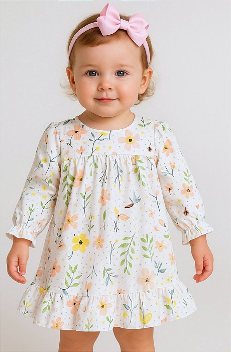 Vestido Bebê e Infantil Luxo Manga Longa com Tiara 100% Algodão Tricoline - Malu