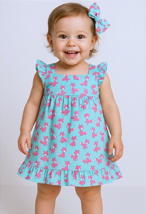 Vestido Bebê e Infantil Premium 100% Algodão com Laço de Cabelo - Raposinha