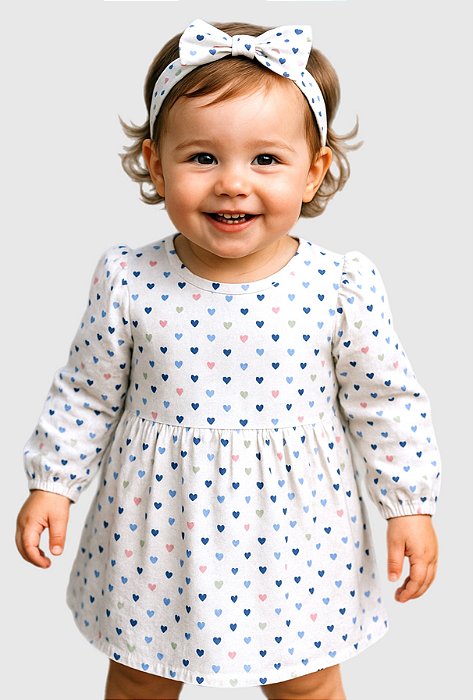 Vestido Infantil e Bebê Manga Longa 100% Algodão Com Laço - Coraçãozinho