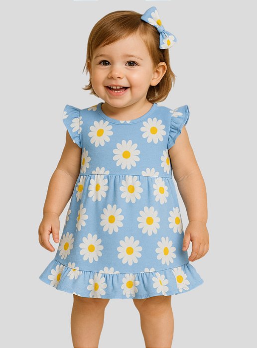 Vestido Bebê Infantil com Laço de Cabelo 100% Algodão - Margarida