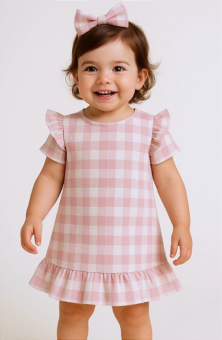 Vestido Infantil e Bebê 100% Algodão Com laço de Cabelo - Xadrez