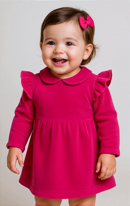 Vestido Infantil Luxo em Plush Rosa Macio Pink Com Laço