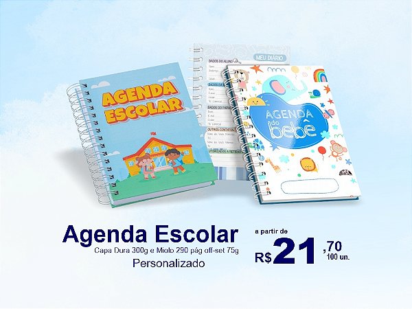 Agenda Escolar 14x20cm Capa dura 300g Miolo Off-set 75g