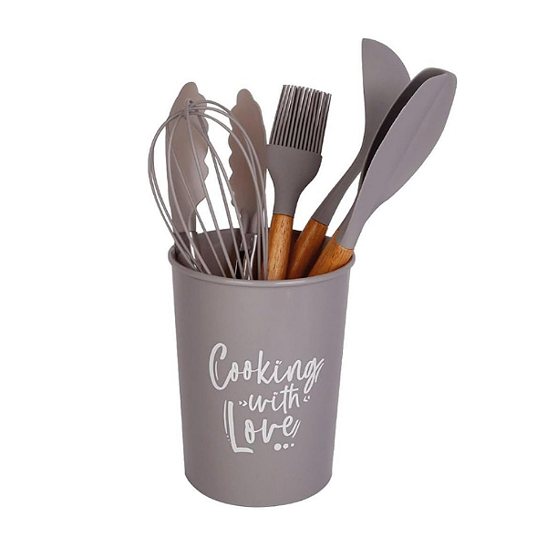 Kit Utensilios 7 peças Silicone Cabo Bambu cinza