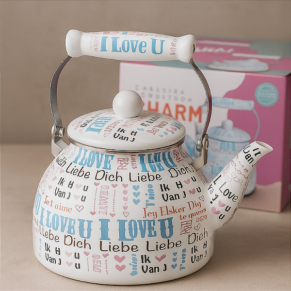 Chaleira 2,5L Esmaltada I Love U Branca