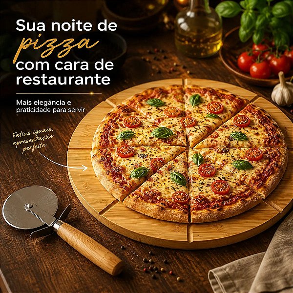 Tábua Para Pizza Em Bambu Com Cortador Prático Elegante