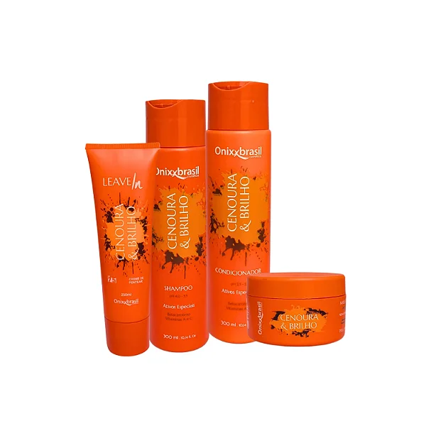 Kit Completo Cenoura e Brilho - Shampoo + Condicionador + Leave in + Máscara | Rico em vitaminas A, C e Betacaroteno