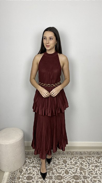 Conjunto Rayon Plissado Bordô