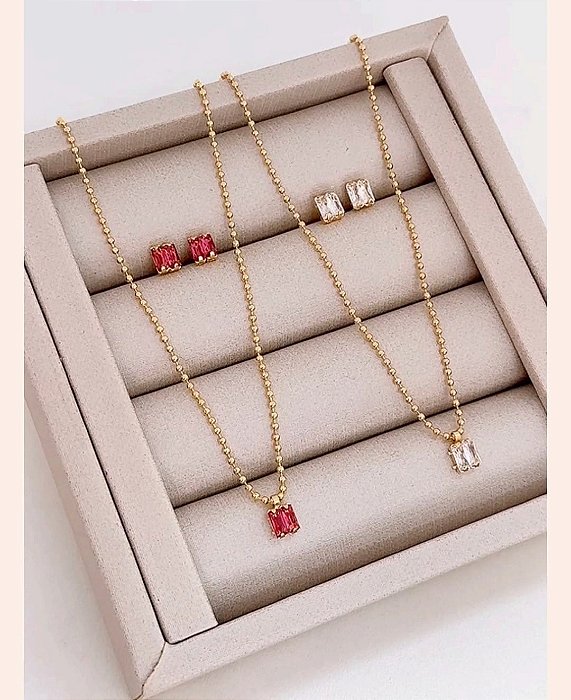 Conjunto Brinco e Colar - (Pedra Rosa)