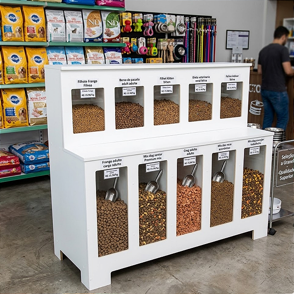 Expositor Dispenser de Ração Pet Box 10 Divisões Retangular Branco Cód.510