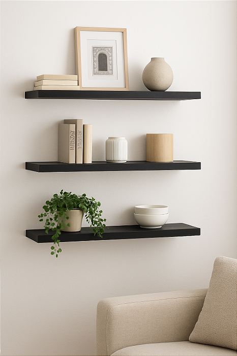 3 Prateleira MDF 25X10 + Suporte Flutuante a Decoração Sala Preto Cód.1311