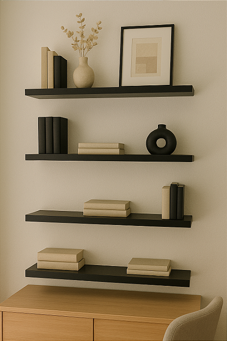 Kit 4 Prateleiras 30x10cm Mdf 15mm Suporte Preto Quarto Sala Cód.1304