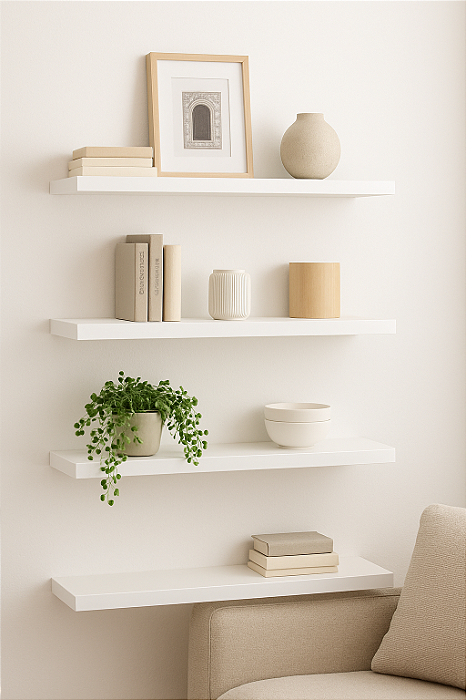 04 Prateleiras MDF 30X10 + Suporte Flutuante Quarto Cozinha Branco Cód.1304