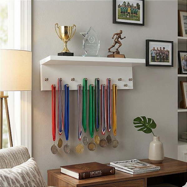 Porta Medalhas E Troféu 40cm Suporte De Parede Decoração Mdf Branco Cód.829