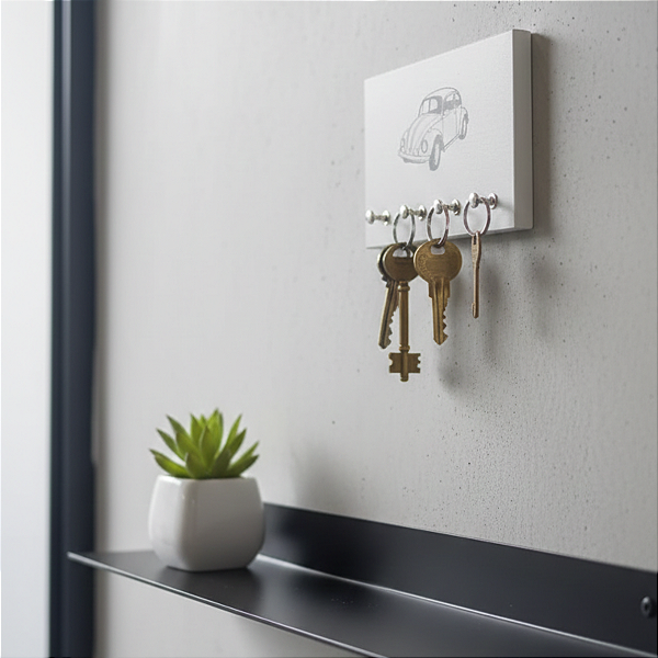 Porta Chaves De Parede E Organizador 4 Ganchos Decora Branco Fusca Cód.830