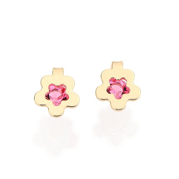 Brinco Infantil Flor Banhado A Ouro 18K Com Cristais Rosa