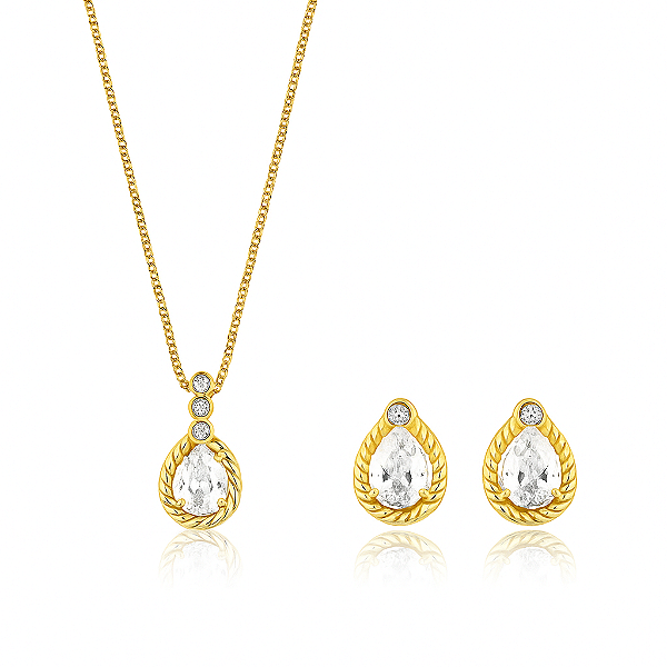 Conjunto Gota Dourado Com Pedra Banhado A Ouro 18K