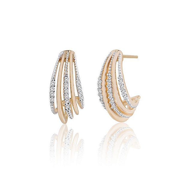Meia Argola Banhada A Ouro 18K Com Aplicação De Ródio E Cravejada Com Microzircônias.