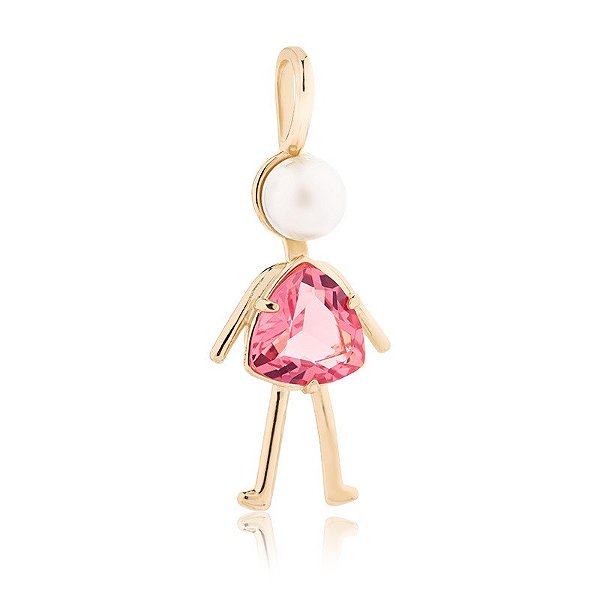 Pingente Menina Banhado A Ouro Com Perola E Pedra Na Cor Safira (Rosa)