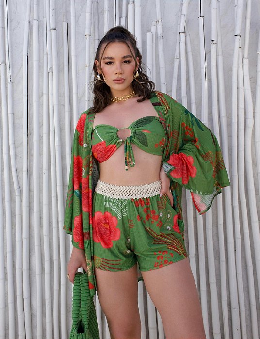 Conjunto de 3 peças - Short, Top e Kimono Cadence