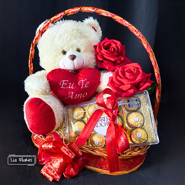 Cesta Presente com Pelúcia, Ferrero Rocher e Rosas