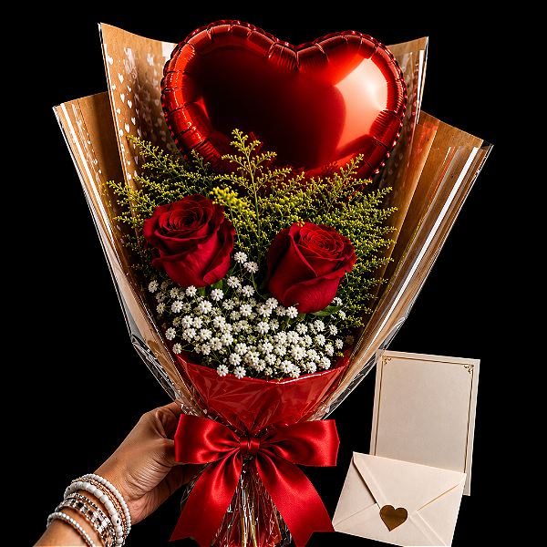 Buque Dueto de Rosas com Balão Coração metalizado