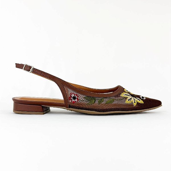 SLINGBACK FEMININO COM TELA TRANSPARENTE E BORDADO 1811