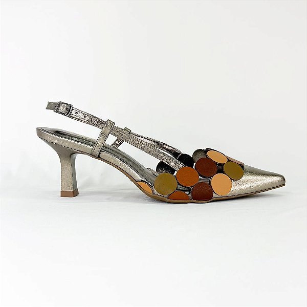 SCARPIN FEMININO PRATA ENVELHECIDO COM CÍRCULO EM TONS TERROSOS 1813