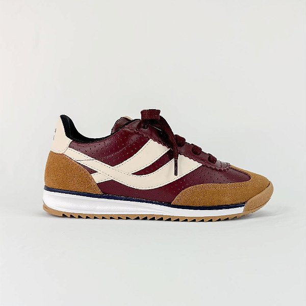 TÊNIS FEMININO RETRÔ EM COURO BORDÔ E CARAMELO 1860