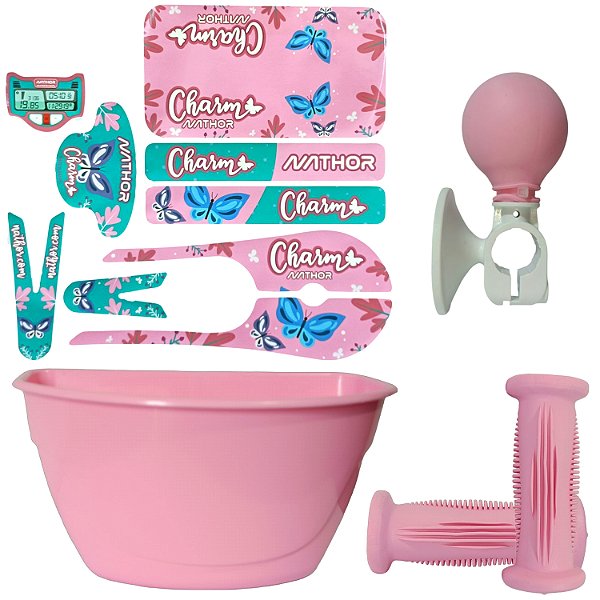 Kit De Cestinha Buzina Adesivo P/Bicicleta Aro 12 Nathor