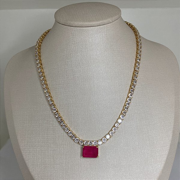 Conjunto de Colar Riviera e Brinco com Pedra Rosa