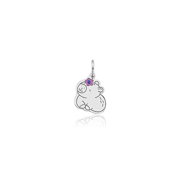 Pingente Prata 925 Capivara com Flor Rosa