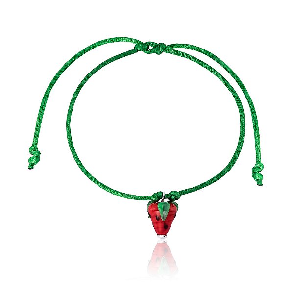 Pulseira Fio Seda Verde Morango Murano
