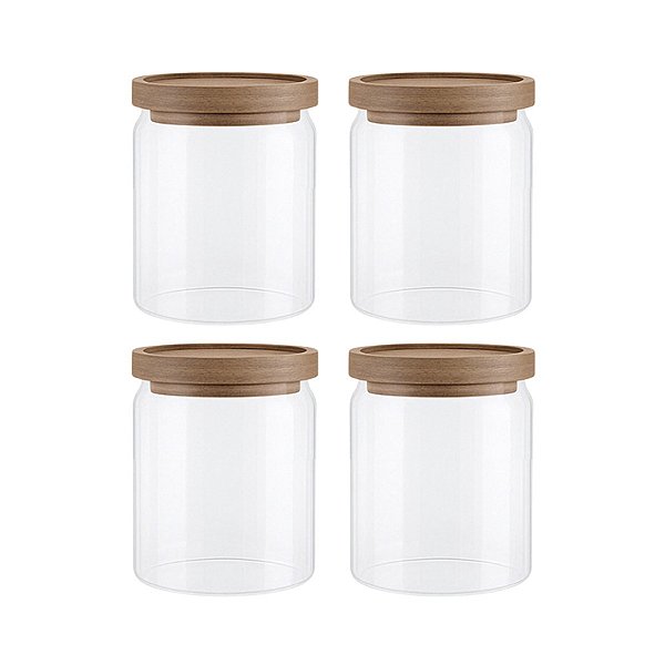 Kit Com 4 Potes Herméticos De Vidro de 500ML Com Tampa De Madeira Para Mantimentos
