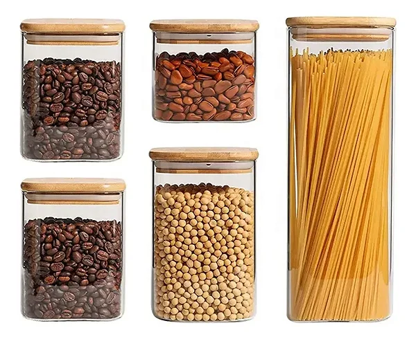 Kit Com 5 Potes Herméticos De Acrílico Com Tampa De Bambu Para Mantimentos
