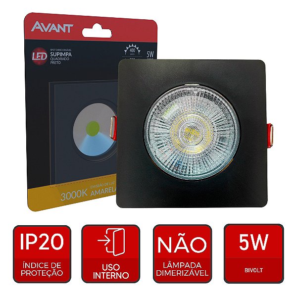 SPOT LED QUADRADO PRETO 5W 3000K REF 865051371-AVANT