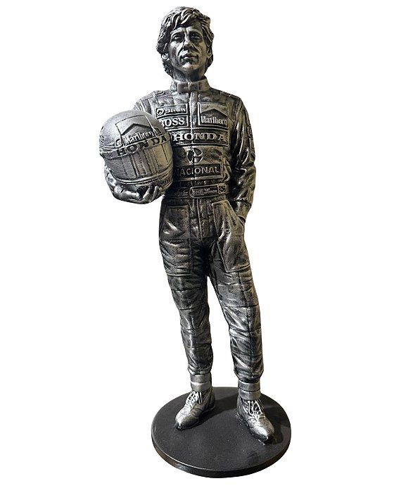 Estátua Ayrton Senna Prata 40 cm Resina Troféu Geek Colecionável