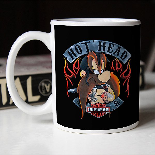 Caneca Eufrazino Harley-Davidson Hot Head Cabeça Quente Looney Tunes Branca